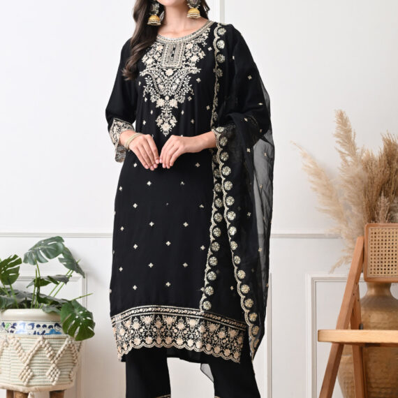 Black Rayon Straight Suit Set For Women