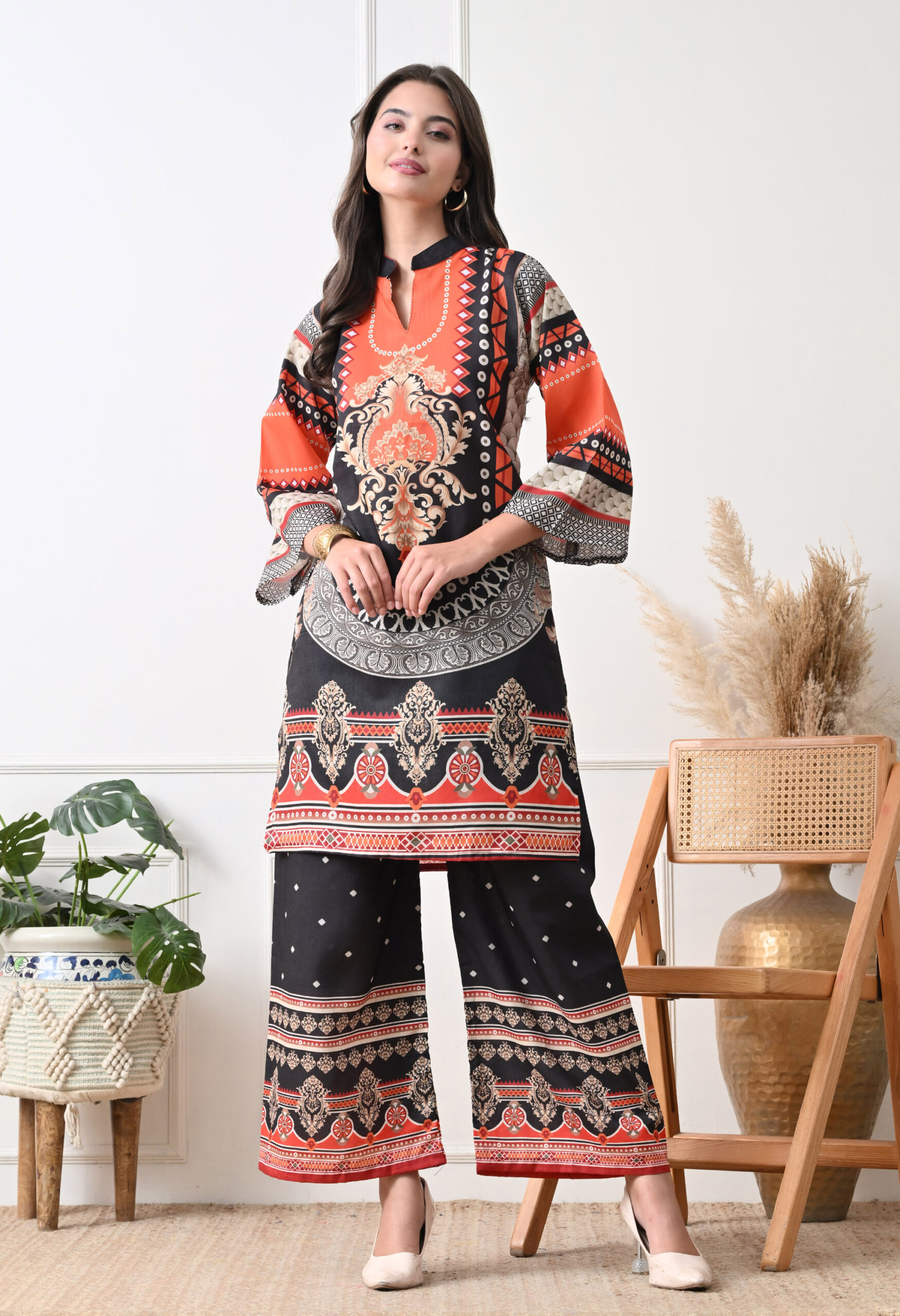 Black and Orange Rayon Straight Suit Set For Women